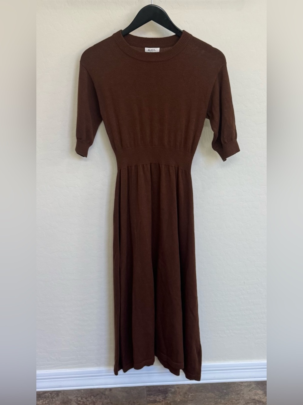 OGL Chocolate Brown Ribbed Knit Elbow Sleeve Crew Neck Midi Knit Dress S